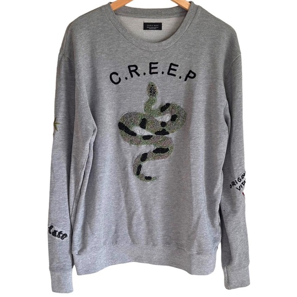 Zara Man Creep Beaded Embroidered Snake Grey Sweatshirt Size XL - Picture 1 of 6